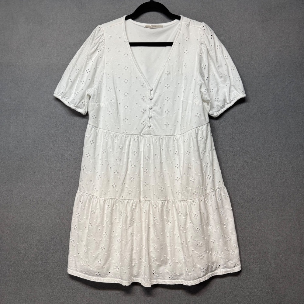 LOFT Eyelet Tiered Mini Dress White Cotton Short Sleeve L? Petite Cottagecore